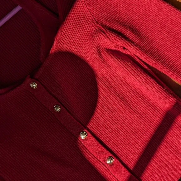 Red Ribbed Button-Up Sweater - Picture 2 of 5